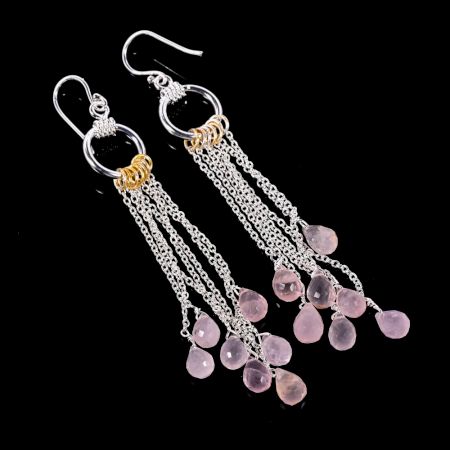 Silver Plated Brass Drop Dangle Earrings with Natural Rose Quartz Gemstone Gift Jewelry